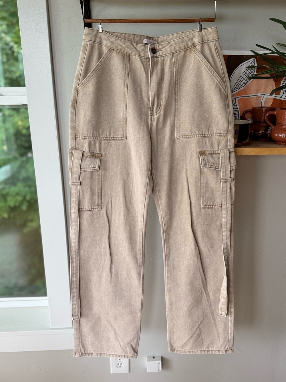 Sincerely Jules Tan Denim Wide Leg Cargo Pocket Utility Jeans Size 11 or 29